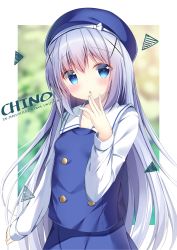 Rule 34 | 1girl, :o, beret, blue eyes, blue hat, blue skirt, blue vest, blurry, blurry background, blush, character name, depth of field, english text, gochuumon wa usagi desu ka?, hair ornament, hand to own mouth, hand up, hat, highres, kafuu chino, kafuu chino&#039;s school uniform, long hair, long sleeves, looking at viewer, parted lips, pizzzica, sailor collar, school uniform, shirt, silver hair, skirt, sleeves past wrists, solo, very long hair, vest, white sailor collar, white shirt, x hair ornament