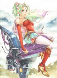 Rule 34 | 1990s (style), 1girl, bad id, bad pixiv id, bare shoulders, boots, earrings, elbow gloves, final fantasy, final fantasy vi, gloves, green eyes, green hair, jewelry, lips, marker (medium), matching hair/eyes, necklace, painting (medium), pantyhose, ponytail, retro artstyle, ring, slinkyui, smile, solo, tina branford, traditional media, watercolor (medium), wavy hair