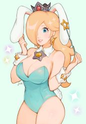 Rule 34 | 1girl, animal ears, artist name, blonde hair, blue background, blue eyes, breasts, cleavage, collar, covered eyes, crown, detached collar, earrings, hair over one eye, heart, highres, jewelry, jivke, large breasts, leotard, lipstick, makeup, mario (series), md5 mismatch, nintendo, one eye covered, pale skin, playboy bunny, rabbit ears, rabbit tail, rosalina, simple background, solo, star (symbol), star earrings, super mario galaxy, tail, thick thighs, thighs, wand