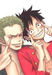Rule 34 | 2boys, artist request, black hair, green hair, male focus, monkey d. luffy, multiple boys, one piece, roronoa zoro, simple background, smile, source request, white background