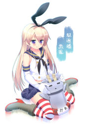 Rule 34 | 10s, 1girl, alternate eye color, between legs, blonde hair, blush, boots, crop top, crop top overhang, elbow gloves, gloves, grey footwear, hairband, highres, kantai collection, lifebuoy, long hair, midriff, pikazo, purple eyes, rensouhou-chan, shimakaze (kancolle), shiny skin, sitting, skirt, smile, striped clothes, striped thighhighs, swim ring, thighhighs, translation request, wariza