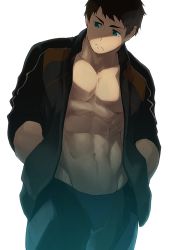 Rule 34 | 1boy, 8 (yamalu), abs, bara, bare pectorals, black hair, black jacket, black male swimwear, blue eyes, closed mouth, free!, hands in pockets, high speed!, jacket, jammers, large pectorals, legskin, looking to the side, male focus, male swimwear, muscular, muscular male, navel, open clothes, open jacket, pectorals, short hair, solo, thick thighs, thighs, white background, yamazaki sousuke