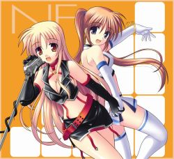 Rule 34 | 00s, 2girls, adapted costume, back-to-back, belt, blonde hair, blue eyes, breasts, brown hair, cleavage, elbow gloves, fate testarossa, gloves, holding hands, idol, kitamiya genbu, large breasts, long hair, lyrical nanoha, mahou shoujo lyrical nanoha, mahou shoujo lyrical nanoha strikers, medium breasts, microphone, microphone stand, miniskirt, multiple girls, purple eyes, red eyes, side ponytail, skirt, takamachi nanoha, thighhighs, twintails, very long hair