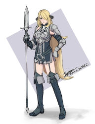 Rule 34 | 1girl, armor, armored dress, artist name, blonde hair, cm lynarc, cosplay, creatures (company), cynthia (fire emblem), cynthia (fire emblem) (cosplay), cynthia (pokemon), fire emblem, fire emblem awakening, full body, game freak, hair over one eye, highres, holding, holding polearm, holding weapon, long hair, looking at viewer, name connection, nintendo, pokemon, pokemon dppt, polearm, shoulder armor, signature, smile, solo, spear, weapon