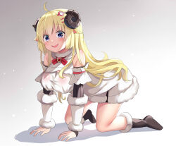 Rule 34 | 1girl, absurdres, all fours, animal ears, blonde hair, blush, boots, breasts, brown footwear, detached sleeves, dress, full body, fur-trimmed boots, fur-trimmed dress, fur trim, gradient background, grey background, hair ornament, hairclip, highres, hololive, horns, ikazu401, large breasts, long hair, looking at viewer, purple eyes, sheep ears, sheep girl, sheep horns, simple background, sleeveless, sleeveless dress, tsunomaki watame, tsunomaki watame (1st costume), very long hair, virtual youtuber, white background