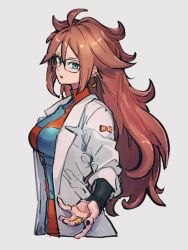 Rule 34 | 1girl, ahoge, android 21, black-framed eyewear, black nails, black sleeves, blue eyes, breasts, brown hair, checkered clothes, checkered dress, commentary request, cropped torso, dragon ball, dragon ball fighterz, dress, earrings, fingernails, glasses, grey background, hoop earrings, jewelry, kemachiku, lab coat, large breasts, long hair, long sleeves, looking at viewer, nail polish, open clothes, reaching, reaching towards viewer, red ribbon army, ring, simple background, solo, turtleneck, turtleneck dress, wavy hair