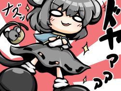 Rule 34 | 1girl, :3, animal ears, basket, blush, chibi, crystal, grey hair, jewelry, mouse (animal), mouse ears, mouse tail, nazrin, o o, pendant, ritateo, short hair, sparkle, tail, touhou, translation request