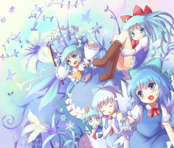 Rule 34 | 5girls, alternate hairstyle, armpits, arms up, ascot, ass, blue dress, blue eyes, blue hair, blush, boots, bow, bug, butterfly, cirno, clone, cosplay, cross-laced footwear, detached sleeves, dress, eating, elbow gloves, closed eyes, flower, flying, food, gloves, gohei, hair bow, hair ribbon, hair tubes, hakkotsu shitai, hakurei reimu, hakurei reimu (cosplay), hugging own legs, ice cream, insect, lace-up boots, lily (flower), long hair, midriff, multiple girls, multiple persona, navel, open mouth, outstretched arms, own hands clasped, own hands together, praying, ribbon, shirt, short hair, skirt, skirt set, smile, tears, touhou, twintails, wings