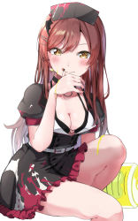 Rule 34 | 1girl, black bra, black dress, black hat, black nails, bra, breasts, brown hair, cleavage, collarbone, commentary request, dress, feet out of frame, frilled dress, frills, hair between eyes, hair ornament, hairclip, hand up, hat, heart, highres, idolmaster, idolmaster shiny colors, knee up, large syringe, licking, licking finger, long hair, looking at viewer, medium breasts, nail polish, nurse, nurse cap, osaki amana, oversized object, puffy short sleeves, puffy sleeves, shaka (staito0515), short sleeves, simple background, solo, syringe, underwear, very long hair, white background, yellow eyes