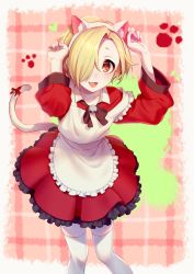 Rule 34 | 1girl, :3, animal ears, apron, bell, black bow, blonde hair, blush, bow, cat ears, cat tail, commentary, dress, ear piercing, fake animal ears, fake tail, fang, feet out of frame, frilled apron, frilled dress, frills, hair over one eye, hairband, hako (gyhujikolp), hands up, highres, idolmaster, idolmaster cinderella girls, jingle bell, long sleeves, looking at viewer, maid apron, open mouth, paw pose, piercing, red dress, red eyes, red ribbon, ribbon, shirasaka koume, short hair, skull, smile, solo, symbol-only commentary, tail, tail ornament, tail ribbon, thighhighs, white thighhighs