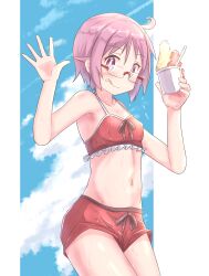 Rule 34 | 1girl, ahoge, arm up, bare legs, blue sky, check commentary, cloud, commentary, commentary request, dripping, food, glasses, highres, holding food, holding ice cream, ice cream, looking at viewer, navel, nonohara yuzuko, outdoors, pink eyes, pink hair, short hair, sidelocks, simple background, sky, smile, stomach, sweat, swimsuit, thighs, tongue, tongue out, upper body, waving, wet, wet hair, yuukin, yuyushiki