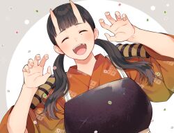 Rule 34 | 1girl, armor, black hair, blunt bangs, breastplate, chipped tooth, dungeon meshi, e (eokiba), epaulettes, hands up, horns, inutade, japanese clothes, kimono, mole, mole under eye, oni, oni horns, simple background, smile, twintails, upper body