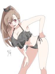 Rule 34 | armpits, bare legs, belly, black one-piece swimsuit, blush, breasts, brown hair, bwave968, cleavage, collarbone, eydis (sao), hair between eyes, hair ornament, happy, large breasts, navel, one-piece swimsuit, ponytail, red eyes, ribbon, signature, smile, swimsuit, sword art online, sword art online: alicization, tattoo, white background