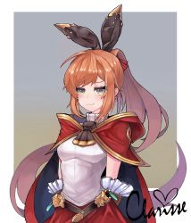 Rule 34 | 1girl, :3, animal ears, arms behind back, belt, black belt, black cape, blush, border, breasts, brown hair, cape, character name, clarisse (granblue fantasy), commentary request, dltkdwls369, fake animal ears, frills, granblue fantasy, green eyes, hair ribbon, heart, high ponytail, highres, hood, hood down, impossible clothes, impossible shirt, long hair, looking at viewer, medium breasts, multicolored background, outside border, ponytail, rabbit ears, red cape, red ribbon, red skirt, ribbon, shirt, skirt, sleeveless, sleeveless shirt, solo, two-tone cape, upper body, white border, white shirt