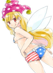 Rule 34 | 1girl, american flag bikini, ass, bikini, blonde hair, breasts, clownpiece, fairy wings, flag print, hat, jester cap, licking lips, long hair, looking at viewer, looking back, micro bikini, red eyes, sape (saperon black), short shorts, shorts, sideboob, simple background, small breasts, smile, solo, swimsuit, tongue, tongue out, touhou, very long hair, wings