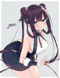 Rule 34 | 1girl, arm warmers, bare shoulders, black dress, blue eyes, breasts, collarbone, commentary request, cowboy shot, double bun, dress, fate/grand order, fate (series), hair bun, hair ornament, haruyuki (yukichasoba), highres, leaning forward, long hair, looking at viewer, medium breasts, parted lips, purple hair, sleeveless, sleeveless dress, solo, twintails, very long hair, yang guifei (fate), yang guifei (first ascension) (fate)