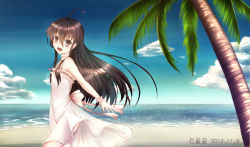 Rule 34 | 1girl, 2015, 278004410, :d, ahoge, back bow, beach, black hair, blue sky, bow, brown eyes, choker, cloud, dated, day, dress, floating hair, from side, hair between eyes, highres, jewelry, long dress, long hair, looking at viewer, necklace, ocean, open mouth, outdoors, outstretched arm, palm tree, shakugan no shana, shana, sky, sleeveless, sleeveless dress, smile, solo, standing, strapless, strapless dress, striped clothes, striped dress, sundress, tree, very long hair, white bow, white dress, wrist cuffs