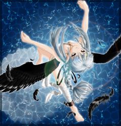 Rule 34 | 1girl, angel, angel wings, barefoot, black wings, braid, breasts, chain, cleavage, dress, feathers, feet, grey eyes, jewelry, long hair, md5 mismatch, necklace, original, pointy ears, silver hair, single braid, solo, water, white eyes, wings, yosuzume (power sketch book)