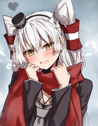 Rule 34 | 1girl, amatsukaze (kancolle), breath, brown dress, brown eyes, commentary request, dress, grey neckerchief, hair tubes, highres, kantai collection, looking at viewer, neckerchief, red scarf, sailor collar, sailor dress, scarf, smoke heart, smokestack hair ornament, solo, takanashi kei (hitsujikan), two side up, upper body, white hair, white sailor collar