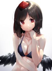 Rule 34 | 1girl, bare shoulders, bikini, bikini top only, black hair, black wings, breasts, cleavage, hand on own chin, highres, looking at viewer, md5 mismatch, medium breasts, red eyes, resolution mismatch, shameimaru aya, short hair, simple background, smile, solo, source smaller, swimsuit, touhou, wings, yusake san