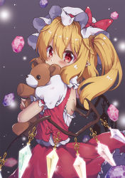Rule 34 | 1girl, backless outfit, beni kurage, blonde hair, blush, covered mouth, crystal, flandre scarlet, hat, hat ribbon, highres, long hair, looking at viewer, mob cap, hugging object, pointy ears, puffy sleeves, red eyes, red ribbon, red skirt, ribbon, side ponytail, skirt, skirt set, solo, stuffed animal, stuffed toy, teddy bear, touhou, vest, wings