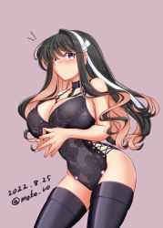Rule 34 | 1girl, black hair, black leotard, breasts, cleavage, colored inner hair, commentary request, cowboy shot, dated, hairband, kantai collection, large breasts, leotard, long hair, looking at viewer, moke ro, multicolored hair, naganami (kancolle), naganami kai ni (kancolle), pink hair, purple background, simple background, solo, standing, steepled fingers, twitter username, two-tone hair, underwear, white hairband, yellow eyes