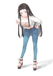 Rule 34 | 1girl, almic, baozi, belt, black hair, bracelet, brown eyes, casual, closed mouth, commentary request, contemporary, denim, food, hair ornament, hairclip, hand on own hip, high heels, jeans, jewelry, kamado nezuko, kimetsu no yaiba, leaning forward, long hair, looking at viewer, nail polish, aged up, pants, red belt, smile, sweater, toenail polish, toenails, white sweater