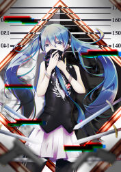 1144532078 1girl absurdres bare_shoulders black_shirt blue_eyes blue_hair hair_between_eyes hatsune_miku highres holding jewelry long_hair mask mouth_mask necktie reversible_campaign_(vocaloid) shirt skirt sleeveless sleeveless_shirt solo twintails upper_body very_long_hair vocaloid