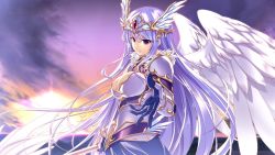 Rule 34 | 1girl, armor, breasts, chobipero, cleavage, cloud, game cg, large breasts, long hair, looking at viewer, purple eyes, purple hair, serious, shin shirogane no soleil reanswer, sky, solo, standing, sun, sword, weapon, wings
