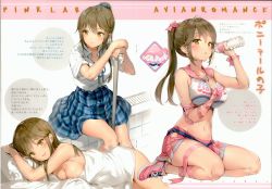 Rule 34 | 1girl, absurdres, anmi, bare shoulders, blush, bottle, breasts, brown eyes, brown hair, cheerleader, cleavage, crop top, full body, hand on own chest, highres, large breasts, long hair, looking at viewer, lying, midriff, mole, mole under mouth, multiple views, naked towel, navel, on stomach, original, pillow, pleated skirt, ponytail, ribbon, sailor collar, sailor shirt, scan, school uniform, shirt, shoes, short sleeves, simple background, sitting, skirt, sneakers, sweat, towel, water bottle, white background, wrist ribbon