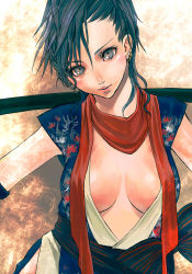 Rule 34 | 1girl, bad id, bad pixiv id, black hair, breasts, cleavage, earrings, japanese clothes, jewelry, large breasts, original, red scarf, ri-ko, scarf, short hair, solo