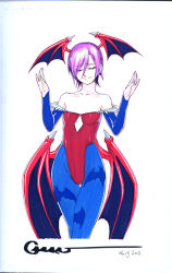 Rule 34 | 1girl, animal print, bare shoulders, bat print, bat wings, bridal gauntlets, capcom, cleavage cutout, closed eyes, clothing cutout, cowboy shot, cropped legs, dated, demon girl, flat chest, head wings, highres, leotard, lilith aensland, marker (medium), off shoulder, omar dogan, pantyhose, patterned legwear, print pantyhose, purple hair, red leotard, scan, short hair, smile, solo, thigh gap, traditional media, vampire (game), wings