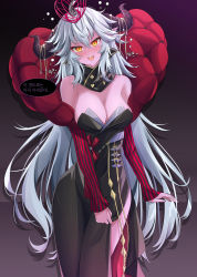 Rule 34 | absurdres, black dress, blush, breasts, cleavage, clothes lift, colored skin, crossed bangs, demon queen lilith, dress, dress lift, grey hair, guardian tales, hair ornament, highres, horns, korean text, long hair, looking at viewer, no bra, official alternate costume, orange eyes, pikandong, purple skin, simple background, speech bubble, standing