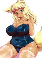 Rule 34 | 1girl, animal ear fluff, animal ears, bare shoulders, belly, blonde hair, blue eyes, blush, breasts, cleavage, colored eyelashes, covered erect nipples, covered navel, fox ears, fox tail, highres, huge breasts, kokumotsu, large breasts, long hair, looking at viewer, navel, one-piece swimsuit, open mouth, original, plump, school swimsuit, shiny skin, sitting, skin tight, skindentation, smile, solo, swimsuit, tail, tan, thick thighs, thighhighs, thighs, wide hips