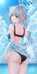 Rule 34 | 1girl, absurdres, animal ears, ass, back, bare shoulders, blue archive, blue eyes, blue sky, breasts, cloud, cross, cross hair ornament, day, grey hair, hair ornament, halo, highres, inverted cross, k.j., medium breasts, ocean, one-piece swimsuit, outdoors, parted lips, revision, shiroko (blue archive), shiroko (swimsuit) (blue archive), shirt, sky, solo, swimsuit, swimsuit under clothes, water, wedgie, wet, wolf ears