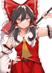Rule 34 | 1girl, armpit peek, ascot, black hair, blush, bow, breasts, detached sleeves, frilled bow, frills, gohei, hair between eyes, hair bow, hair tubes, hakurei reimu, hand on own hip, highres, holding, holding stick, long hair, medium breasts, red bow, ribbon-trimmed sleeves, ribbon trim, sidelocks, simple background, solo, stick, touhou, uchisaki himari, white background, wide sleeves