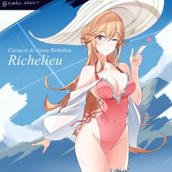 Rule 34 | 1girl, azur lane, backless swimsuit, breasts, brown hair, character name, collarbone, commentary request, covered navel, dated, frilled swimsuit, frills, hair between eyes, hat, heart, hebitsukai-san, highleg, highleg swimsuit, highres, large breasts, long hair, looking at viewer, one-piece swimsuit, one eye closed, pink one-piece swimsuit, red eyes, richelieu (azur lane), richelieu (fleuron of the waves) (azur lane), side-tie swimsuit, solo, sun hat, swimsuit, twitter username, white hat
