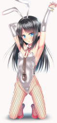 Rule 34 | 10s, 1girl, animal ears, armpits, arms up, asashio (kancolle), bad id, bad pixiv id, black hair, black leotard, black pantyhose, blue eyes, breasts, covered navel, detached collar, fake animal ears, fishnet pantyhose, fishnets, full body, headband, highres, kantai collection, kneeling, leotard, light smile, pantyhose, parted lips, playboy bunny, puririn, rabbit ears, see-through, small breasts, solo, teeth, thighs, wrist cuffs