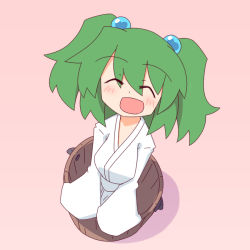 Rule 34 | 1girl, bucket, closed eyes, green hair, hair bobbles, hair ornament, happy, in bucket, in container, kakinoki mikan (kari), kisume, open mouth, short hair, smile, solo, touhou, twintails