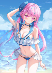Rule 34 | 1girl, ahoge, arm at side, arm on own head, arm up, bare arms, bikini, bikini skirt, blue bikini, blue bow, blue choker, blue hair, blue hat, blue sky, blurry, blurry background, blush, bokeh, bow, breasts, choker, cleavage, closed mouth, clothes lift, cowboy shot, day, depth of field, frilled shirt, frilled skirt, frills, gluteal fold, hair bow, halterneck, hat, highleg, highleg bikini, highres, hololive, lis 111, looking at viewer, medium breasts, minato aqua, miniskirt, multicolored hair, navel, ocean, off-shoulder shirt, off shoulder, outdoors, pink eyes, pink hair, shirt, skindentation, skirt, skirt lift, sky, smile, solo, stomach, streaked hair, swimsuit, thighs, twintails, virtual youtuber, wind, wind lift