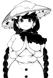 Rule 34 | 1girl, absurdres, ajirogasa, bandana, braid, breasts, closed mouth, coat, hat, high contrast, highres, himajin noizu, large breasts, long earlobes, long hair, long sleeves, looking at viewer, monochrome, own hands together, side braids, simple background, smile, snow, touhou, twin braids, yatadera narumi