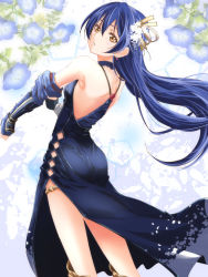 Rule 34 | 1girl, ass, back, blue hair, commentary request, cowboy shot, dress, earrings, elbow gloves, fingerless gloves, floating hair, floral background, from behind, gloves, hair between eyes, hair ornament, highres, jewelry, long dress, long hair, looking back, love live!, love live! school idol project, side slit, solo, sonoda umi, urutsu sahari, yellow eyes