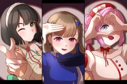 3girls 3rd_live_tour_try_tri_unity!!! :d ;d absurdres ahoge anyoji_hime aoku_haruka/flower black_hair blonde_hair blue_eyes blue_gloves blue_shirt blunt_bangs blunt_ends blush bob_cut bow braid breasts brown_hair center-flap_bangs collarbone column_lineup commentary dress finger_frame foreshortening gloves gradient_hair green_eyes grey_hairband grin hair_intakes hair_ornament hair_ribbon hairband haji_wa_jinsei_no_kakisute halter_dress halterneck hat hat_bow heart heart_hands heart_hands_over_eye highres holding holding_microphone kachimachi_kosuzu ladybug/beauty_(love_live!) link!_like!_love_live! long_hair looking_at_viewer love_live! medium_breasts microphone miracreation/elegance momose_ginko multi-tied_hair multicolored_hair multiple_girls off-shoulder_dress off_shoulder official_alternate_costume one_eye_closed open_mouth pink_eyes pink_hair pointing pointing_at_viewer ponytail puffy_short_sleeves puffy_sleeves red_hat red_ribbon ribbon shadow shirt short_hair short_sleeves side_ahoge side_braids sidelocks simadaburyu single_glove smile spotlight straight_hair swept_bangs triangle_hair_ornament upper_body virtual_youtuber white_bow white_dress yellow_dress