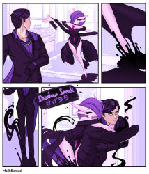 Rule 34 | 1boy, 1girl, ^ ^, alternate color, alternate shiny pokemon, arms up, artist name, bare shoulders, bilingual, black dress, black eyes, black footwear, black gloves, black hair, black jacket, black pants, bob cut, border, breast pocket, breasts, closed eyes, closed mouth, collarbone, collared shirt, colored skin, comic, creatures (company), dress, english text, eyeliner, facing another, formal, game freak, gardevoir, gen 3 pokemon, gloves, grin, hair over one eye, half-closed eyes, happy, highres, hug, hug from behind, indoors, jacket, japanese text, jewelry, legs, legs together, long dress, long sleeves, looking back, makeup, marik bentusi, mixed-language text, multiple views, necklace, nintendo, off-shoulder dress, off shoulder, one eye covered, original, outstretched arms, pants, pink eyeliner, pocket, pokemon, pokemon (creature), pokemon move, purple hair, purple shirt, running, shadow sneak (pokemon), shirt, shoes, short hair, small breasts, smile, spread arms, suit, swept bangs, teeth, watermark, white border, white skin