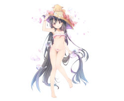 Rule 34 | 1girl, absurdly long hair, arm up, bare arms, bare legs, bare shoulders, barefoot, bikini, bikini bottom only, blush, bow, bow bikini, breasts, brown hair, bubble, character request, collarbone, hair between eyes, hand on headwear, hat, head tilt, holding, holding hair, horns, kai-ri-sei million arthur, long hair, looking at viewer, medium breasts, million arthur (series), mitu yang, navel, official art, parted lips, pink bikini, red eyes, side-tie bikini bottom, simple background, solo, standing, standing on one leg, straw hat, striped bikini, striped bikini bottom, striped clothes, swimsuit, thigh gap, very long hair, white background