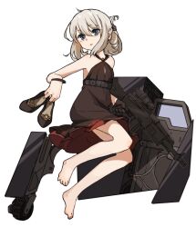 Rule 34 | 1girl, amonitto, an-94, an-94 (girls&#039; frontline), an-94 (silent rouge) (girls&#039; frontline), assault rifle, bare shoulders, barefoot, belt, black footwear, blue eyes, bracelet, brown dress, dress, flat chest, folded hair, girls&#039; frontline, gun, hair between eyes, high heels, holding, holding gun, holding shoes, holding weapon, jewelry, light brown hair, long hair, parted lips, rifle, shoes, simple background, sleeveless, sleeveless dress, solo, weapon, weapon case, white background