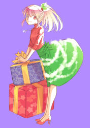 Rule 34 | 1girl, aino megumi, christmas, commentary, garland (decoration), gift, green skirt, hair ornament, happinesscharge precure!, heart, heart necklace, high-waist skirt, high heels, holding, holding gift, holly hair ornament, jewelry, jj (ssspulse), leaning forward, long sleeves, medium hair, medium skirt, necklace, oversized object, pink eyes, pink hair, ponytail, precure, purple background, red footwear, red sweater, sidelocks, simple background, skirt, solo, sweater, turtleneck