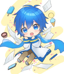 Rule 34 | 1boy, :o, blue eyes, blue hair, blush, cellphone, chibi, coat, container, double scoop, falling petals, food, hands up, ice cream, ice cream cone, kaito (vocaloid), kikuchi mataha, long sleeves, looking at viewer, male focus, open mouth, pants, paper, pencil, petals, phone, popsicle, scarf, short hair, smartphone, solo, sparkle, vocaloid