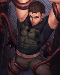 Rule 34 | 1boy, abs, absurdres, arkapami, armpit hair, armpits, arms up, bara, black shirt, brown hair, brown pants, bulge, chest harness, chris redfield, closed mouth, covered abs, facial hair, green shirt, harness, highres, large pectorals, looking at viewer, male focus, midriff peek, muscular, muscular male, pants, pectorals, resident evil, resident evil 5, resident evil 6, restrained, shirt, short hair, sideburns, solo, stubble, taut clothes, taut shirt, tentacles, tentacles on male, two-tone shirt