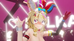 Rule 34 | 1girl, 3d, animal ear fluff, animal ears, blonde hair, blush, breasts, clown girl, clown hat, fennec, fennec ears, fennec fox, fox, fox girl, hair ornament, highres, hololive, no bra, omaru polka, out-of-frame censoring, photographer, purple eyes, solo focus, u30a2u30c0u30e0u30b9u30dfu30b9, upper body, virtual youtuber
